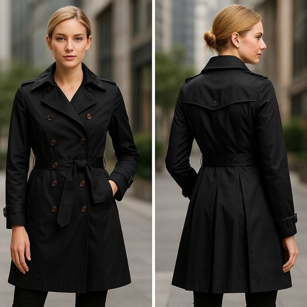 Dawn Levy Black Trench Coat S Removable Quilted Liner Belted Double Double Breas